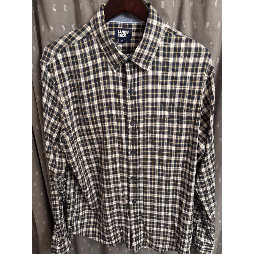 Lands End Mens Plaid Button Down Shirt Navy Green Yellow Long Sleeve Large